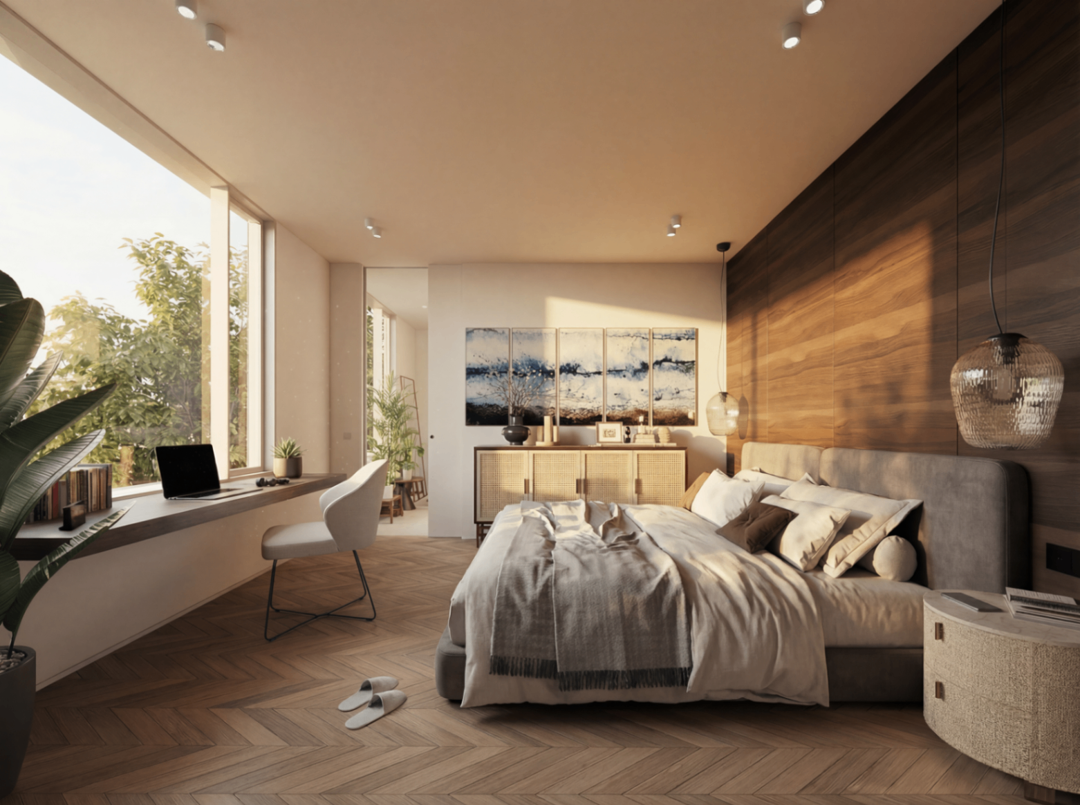 Penthouse – Master-Schlafzimmer mit Holzwand